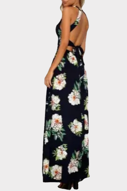 flowersverse Elegant Floral Backless Slit Strap Design Halter Dresses(3 Colors)