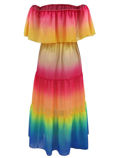 flowersverse Women's A-Line Dress Maxi Long Dress Short Sleeve Color Gradient Print Summer Elegant Rainbow