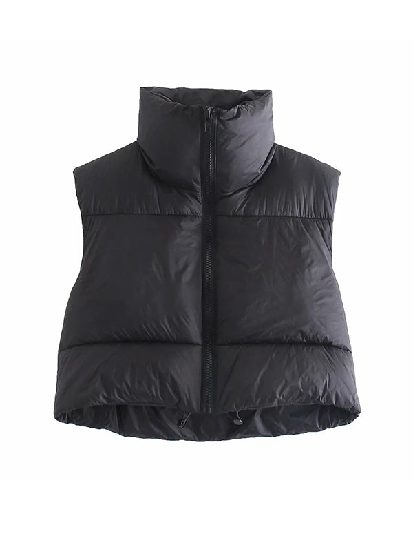 flowersverse Skinny Sleeveless Solid Color Zipper Stand Collar Padded Vest Vest Top