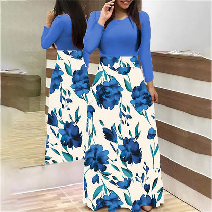 flowersverse Women's Plus Size Holiday Dress Floral Crew Neck Print Long Sleeve Fall Winter Casual Maxi long Dress Daily Dress