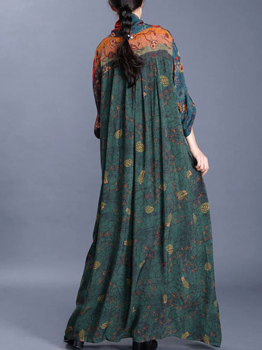 flowersverse Plus Size V-neck Printed Lacing Spliced Dress