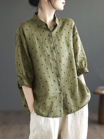 flowersverse Polka-Dot Half Sleeves Loose Lapel Blouses&shirts Tops