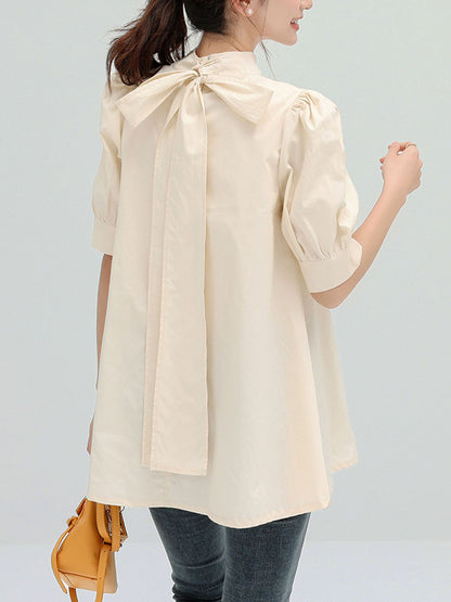 flowersverse Casual Loose Bow-Embellished Solid Color Blouse