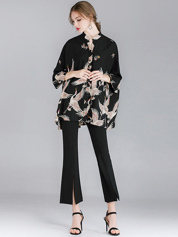 flowersverse Original Crane Printed Buttoned Stand Collar Half Sleeves Blouse