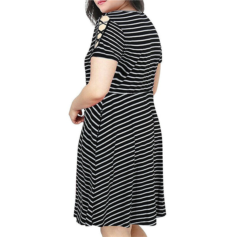 flowersverse Women's Plus Size Casual Dress A Line Dress Stripe Midi Dress Short Sleeve Pocket Crew Neck Fashion Daily White Red Spring Summer XL XXL 3XL 4XL 5XL