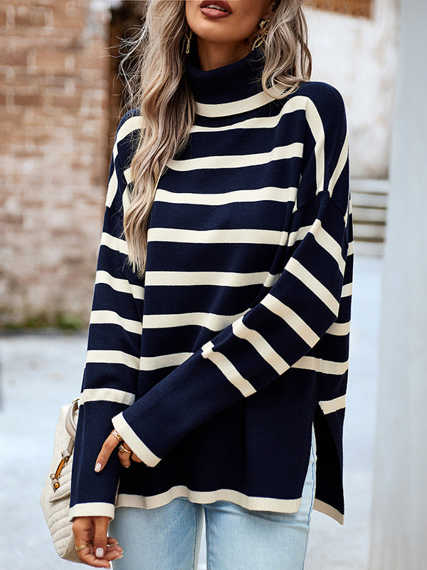 flowersverse Contrast Color Split-Side Striped Long Sleeves Loose High Neck Sweater Tops Pullovers