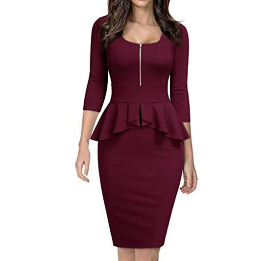 flowersverse Women's Work Dress Sheath Dress Semi Formal Dress Elegant Midi Dress Ruffle Zipper Square Neck 3/4 Length Sleeve Plain Regular Fit Black Wine Navy Blue Spring Summer S M L XL XXL