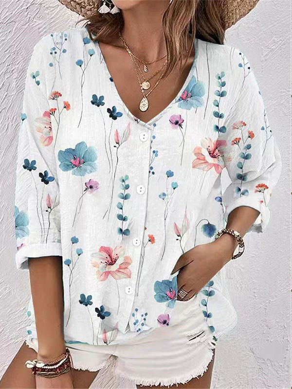 flowersverse Buttoned Flower Print Long Sleeves Loose V-neck Blouses&shirts Tops