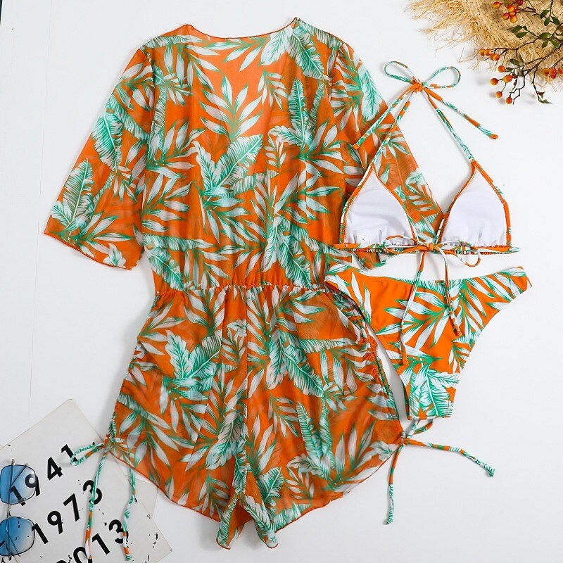 flowersverse Women's Swimwear Bikini Normal Swimsuit 3-Piece Printing Leaf Geometic Black Orange Green Bathing Suits Sports Beach Wear Summer