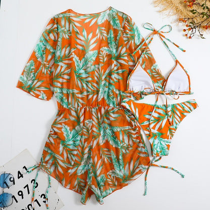 flowersverse Women's Swimwear Bikini Normal Swimsuit 3-Piece Printing Leaf Geometic Black Orange Green Bathing Suits Sports Beach Wear Summer