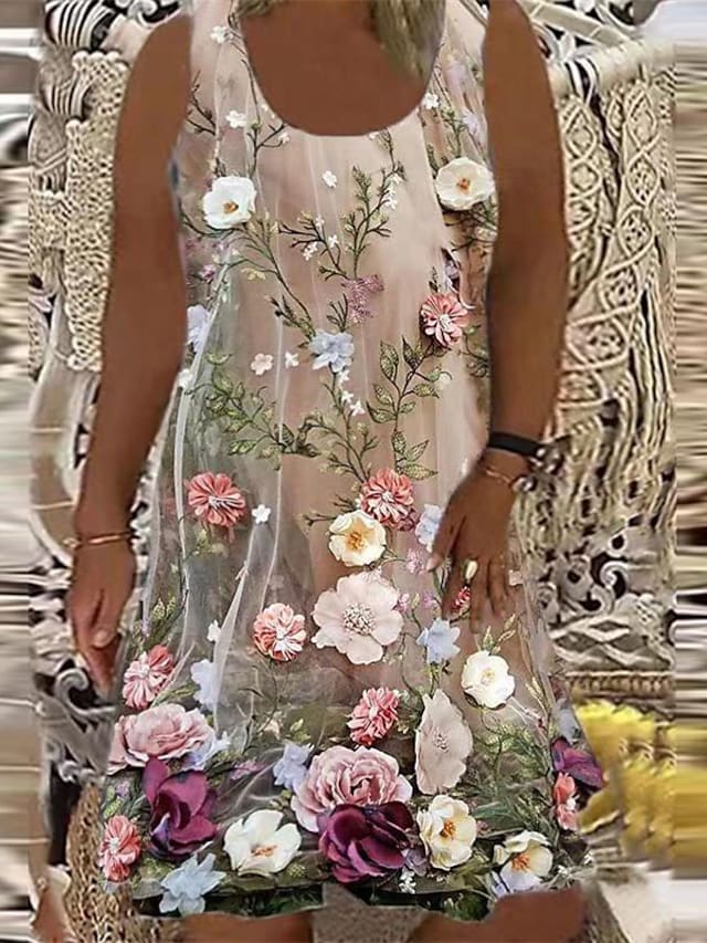 flowersverse Women's Plus Size Curve A Line Dress Floral Round Neck Sleeveless Spring Summer Casual Knee Length Dress Causal Daily Dress