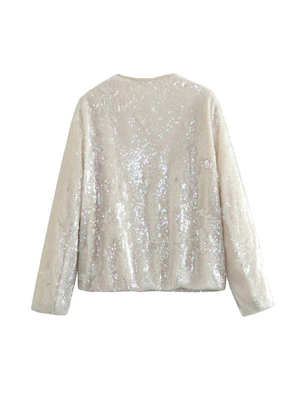 flowersverse Sequined Zipper Loose Puff Sleeves Round-Neck Outerwear Jackets