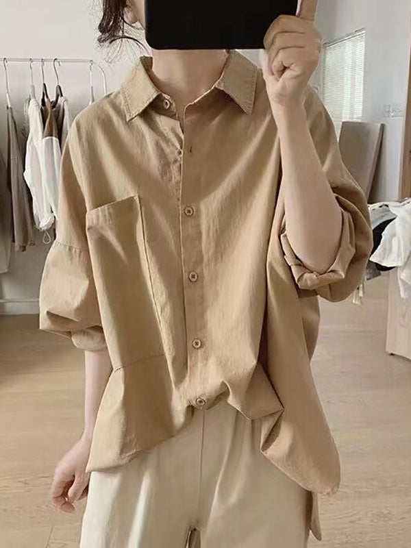 flowersverse Casual Long Sleeves Loose Buttoned Solid Color Lapel Collar Blouses&Shirts Tops