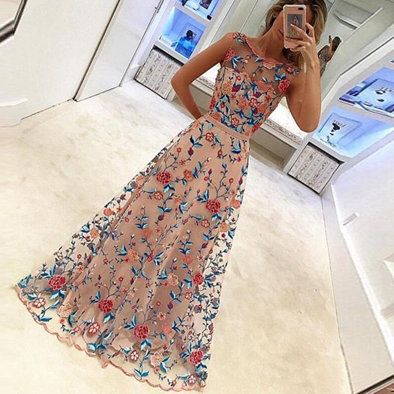 flowersverse Floral embroidered long mesh dress Women sleeveless high waist runway maxi dresses Elegant ladies party dresses robe vestidos