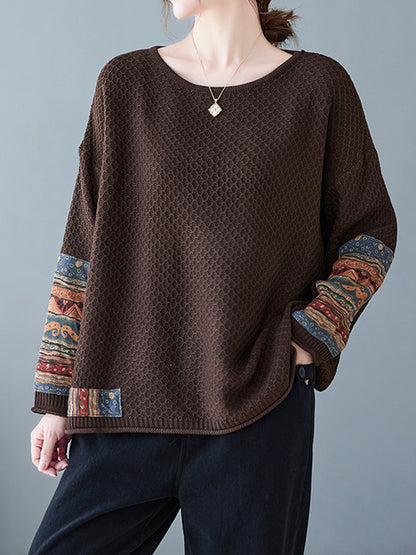 flowersverse Printed Split-Joint Long Sleeves Loose Round-Neck Sweater Tops Pullovers