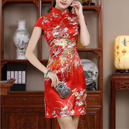 flowersverse Women's Semi Formal Dress Sheath Dress Cheongsam Dress Mini Dress Black White Red Short Sleeve Floral Split Summer Spring Mandarin Collar Elegant Wedding Guest Spring Dress Slim  S M L XL XXL