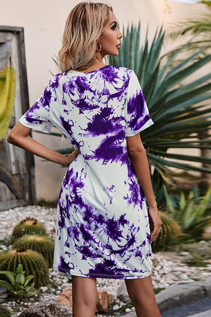 flowersverse Casual Twisted V-Neck Tie-Dye Short Sleeve Mini Dress