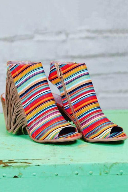 flowersverse Colorful Striped Fringe Zipper Peep Toe Heels