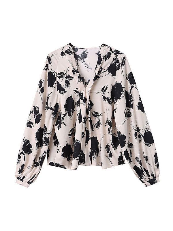 flowersverse Casual Loose Puff Sleeves Printed V-Neck Blouses&Shirts Tops