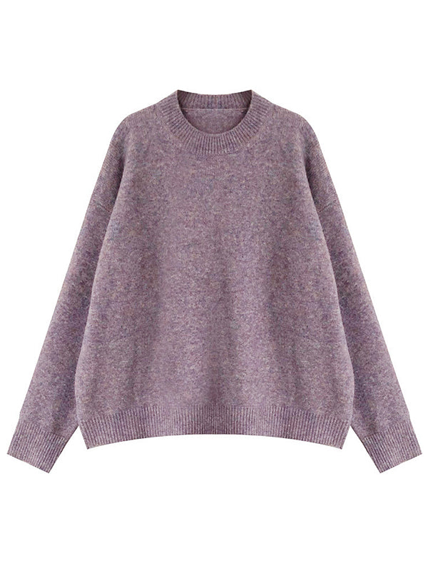 flowersverse Simple Loose Long Sleeves Round-Neck Sweater Tops Pullovers