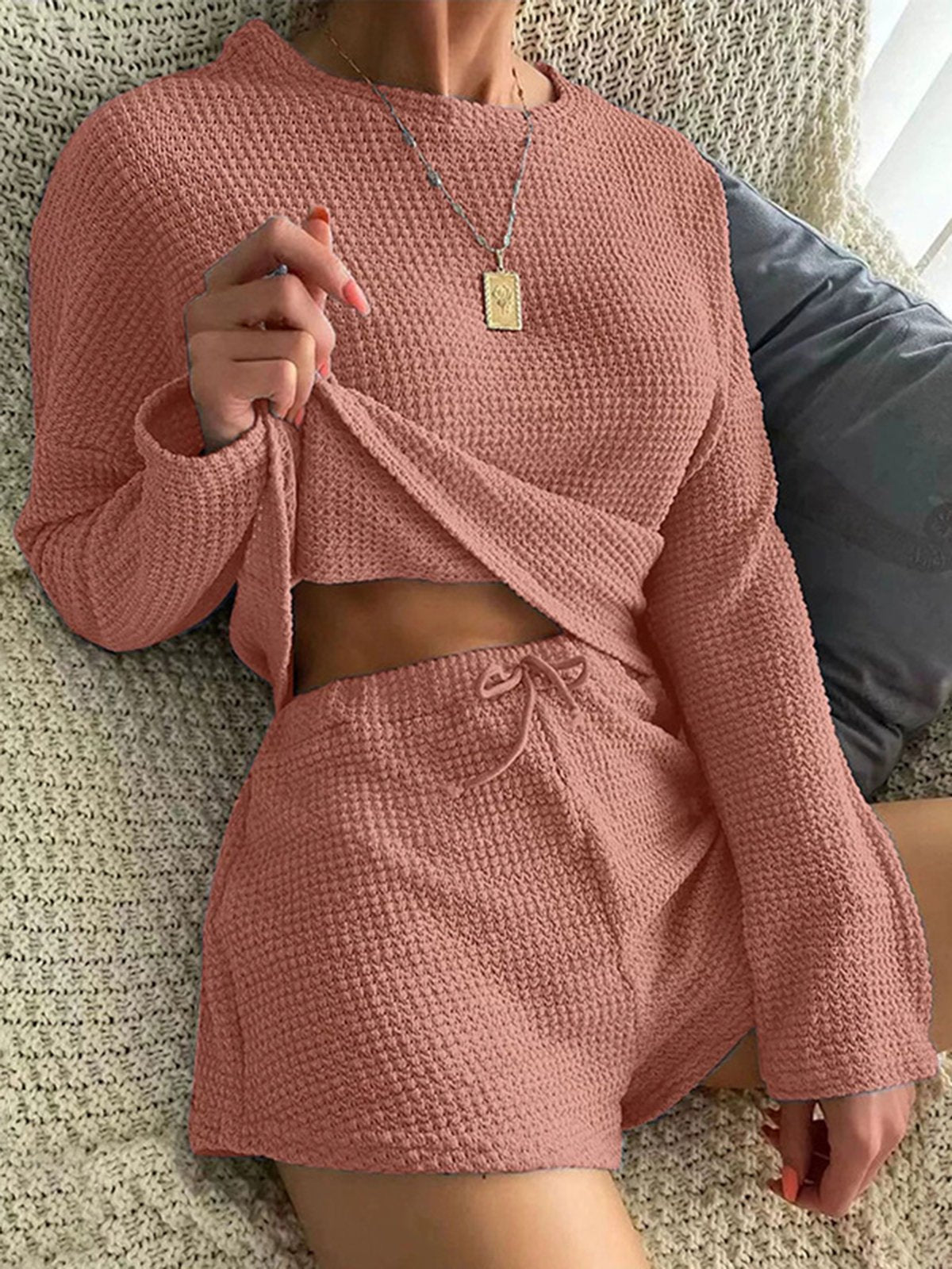 flowersverse Round Neck Long Sleeve Wide Leg Shorts Waffle Comfortable Two-Piece Homewear Pajamas Plus Size