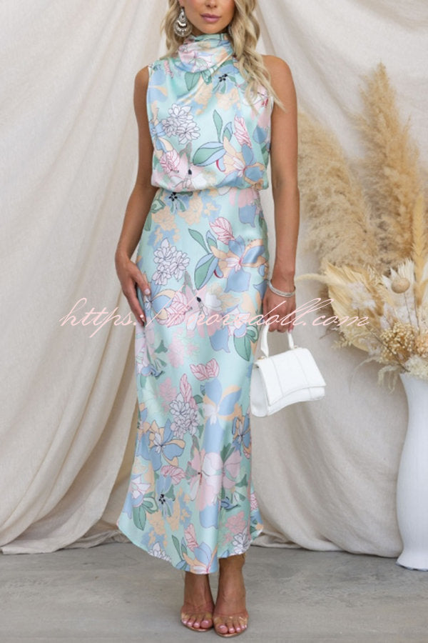 flowersverse Love In The Garden Floral Halter Neck Elastic Waist Maxi Dress