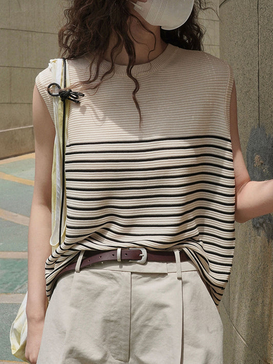 flowersverse Striped Loose Sleeveless Round-neck Vest Top