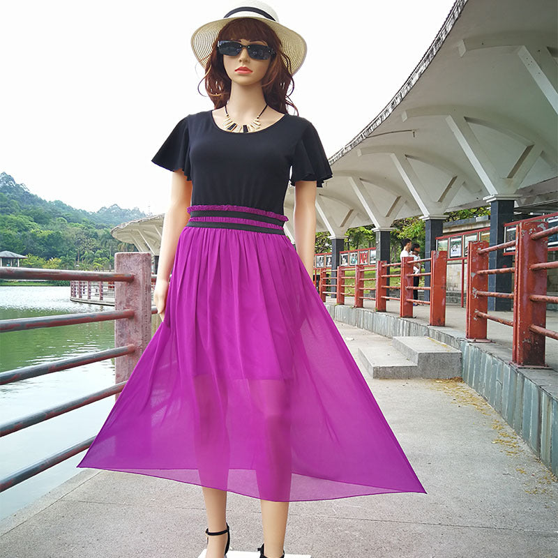 flowersverse Chiffon Stitching Color Long Skirt Large Swing Plus Size Women's Dress