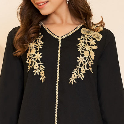 flowersverse New Summer Women's Fashion Arabian Style V-neck Gold Embroidery Pair Flower Loose Long Sleeve 3/4 Sleeve Black Dress Plus Size