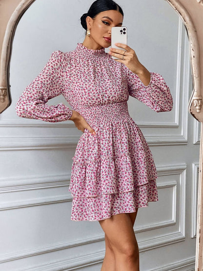 flowersverse Floral Ruffle Collar Smocked Waist Layered Dress