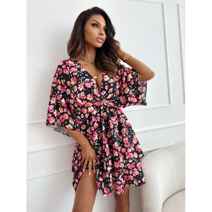 flowersverse Women's Floral Print Deep V Waist Trimming Dresses