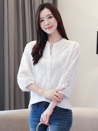 flowersverse Vintage Half Sleeves Hollow Embroidered White Blouse