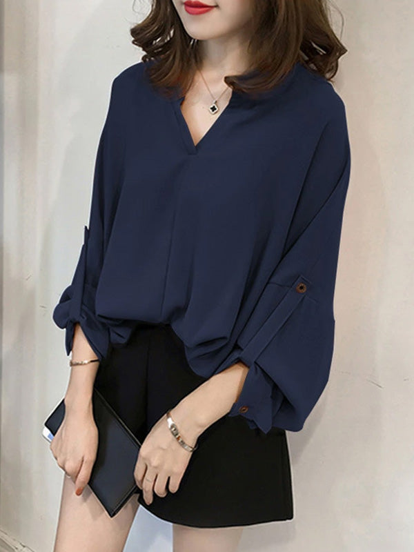 flowersverse Casual Long Sleeves Loose Solid Color V-Neck Blouses&Shirts Tops