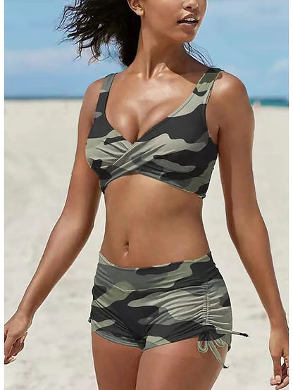 flowersverse Women's Swimwear Bikini Plus Size Swimsuit 2 Piece Camouflage Black Light Green Army Green Red Blue Bandeau Bathing Suits Sports Summer