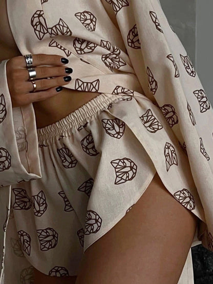 flowersverse  Loose  Printed  Long Sleeves Tied Waist Robes + High-Waisted Short Bottom Robes Pajama Sets