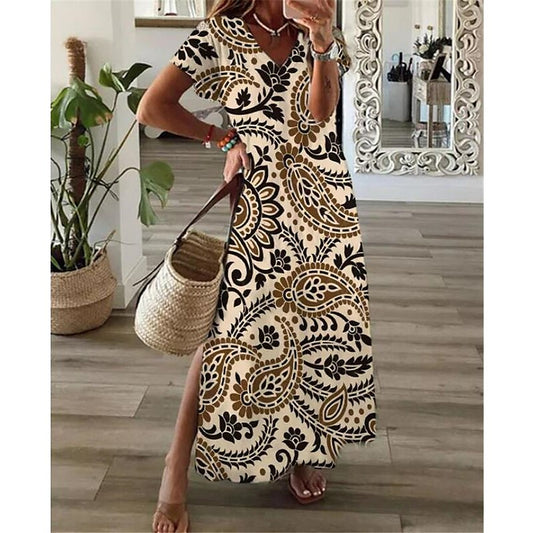 flowersverse Women's Casual Dress Ethnic Dress Shift Dress Long Dress Maxi Dress Khaki Short Sleeve Floral Split Spring Summer V Neck Vacation  S M L XL XXL 3XL