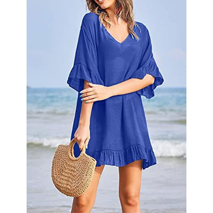 flowersverse Women's Cover Up Beach Dress Beach Wear Mini Dress Ruffle Casual Plain V Neck 3/4 Length Sleeve Loose Fit Outdoor Daily Black White  Spring Summer One Size