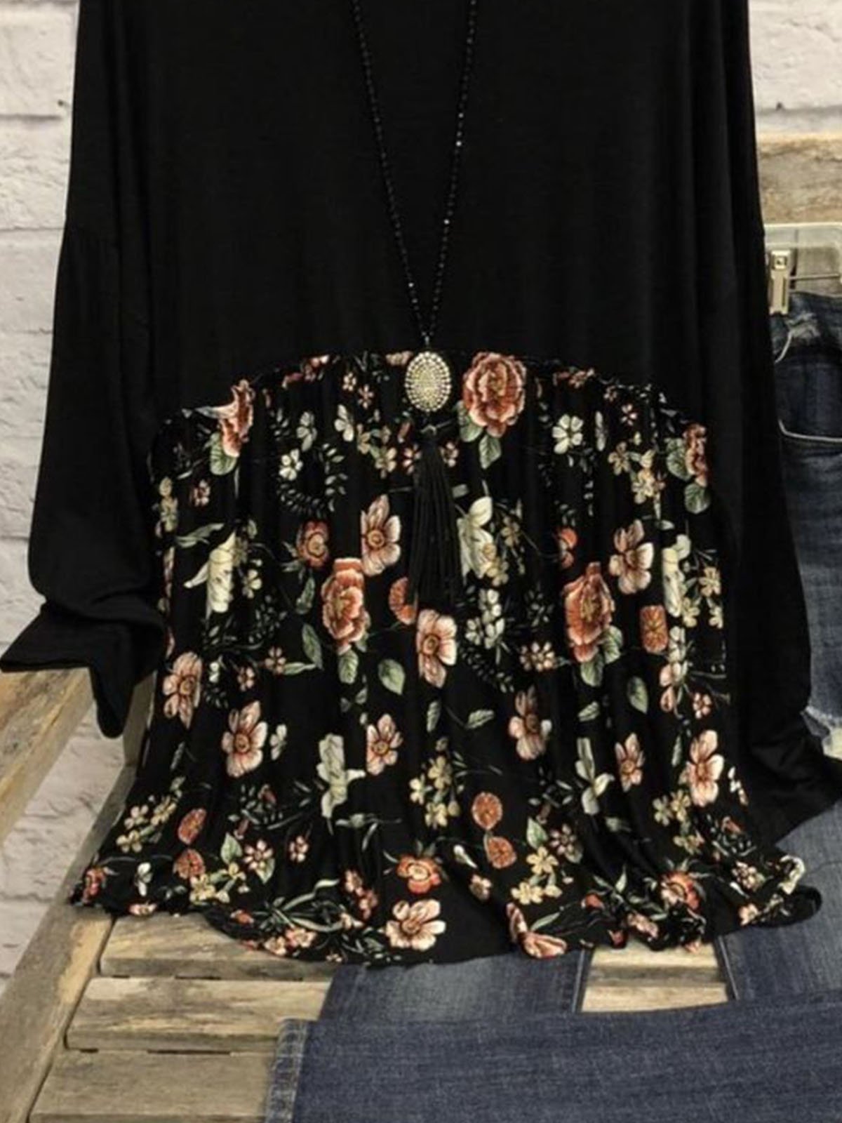 flowersverse Large size Black Crew Neck Casual Printed Knitting Tunic Dress