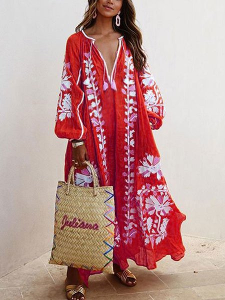 flowersverse Women Printed Boho Casual Dress V Neck Holiday Maxi Dress