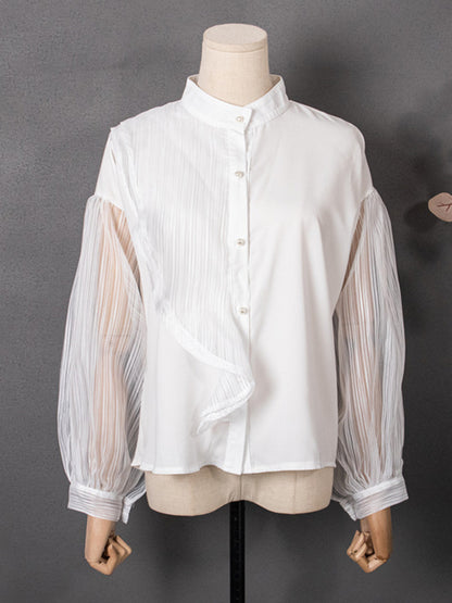 flowersverse Asymmetric Buttoned See-Through Solid Color Split-Joint Long Sleeves Loose Stand Collar Blouses&shirts Tops