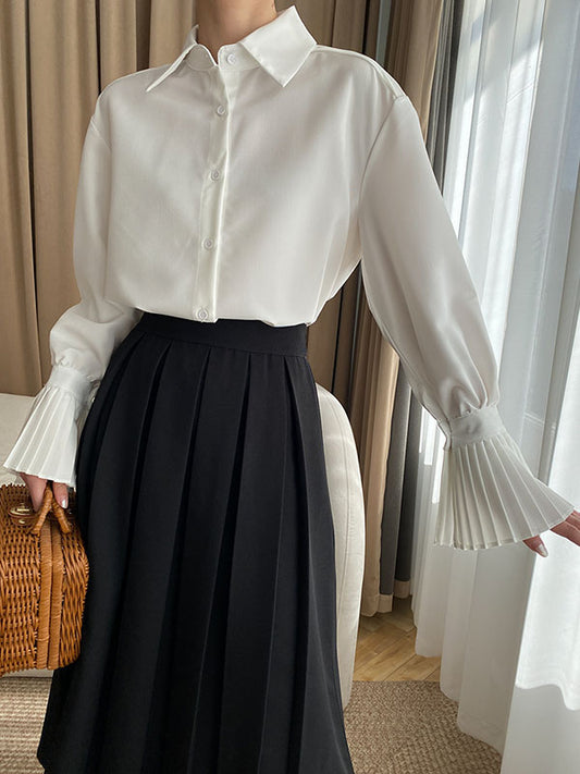 flowersverse Solid Color Flared Sleeves Lapel Blouses&Shirts Tops