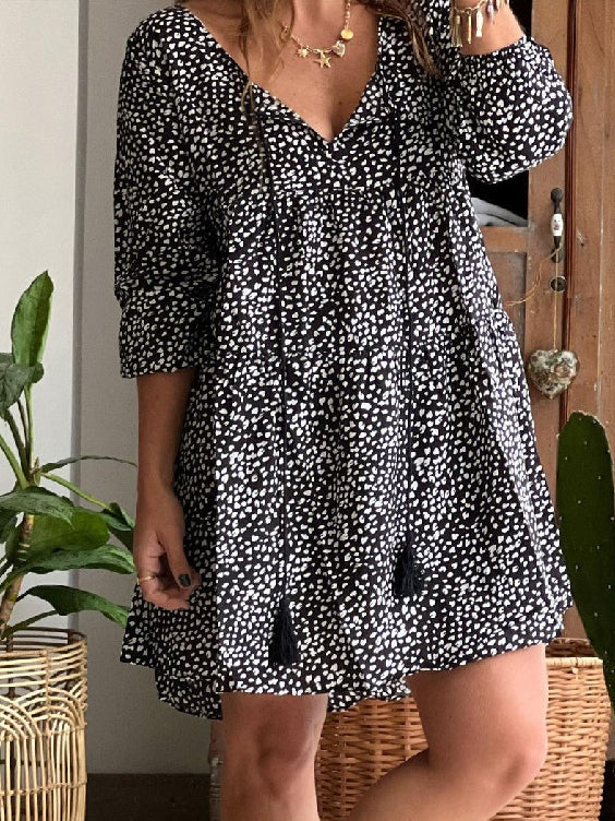 flowersverse Plus Size Vintage Casual V-Neck Print Dress S-5XL