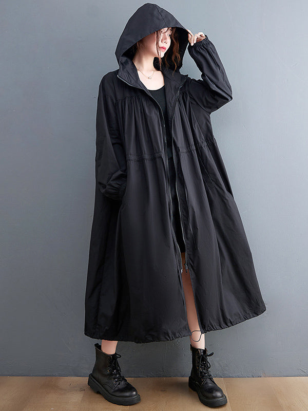 flowersverse Casual Loose Solid Color Zipper Drawstring Long Sleeves Hooded Trench Coat