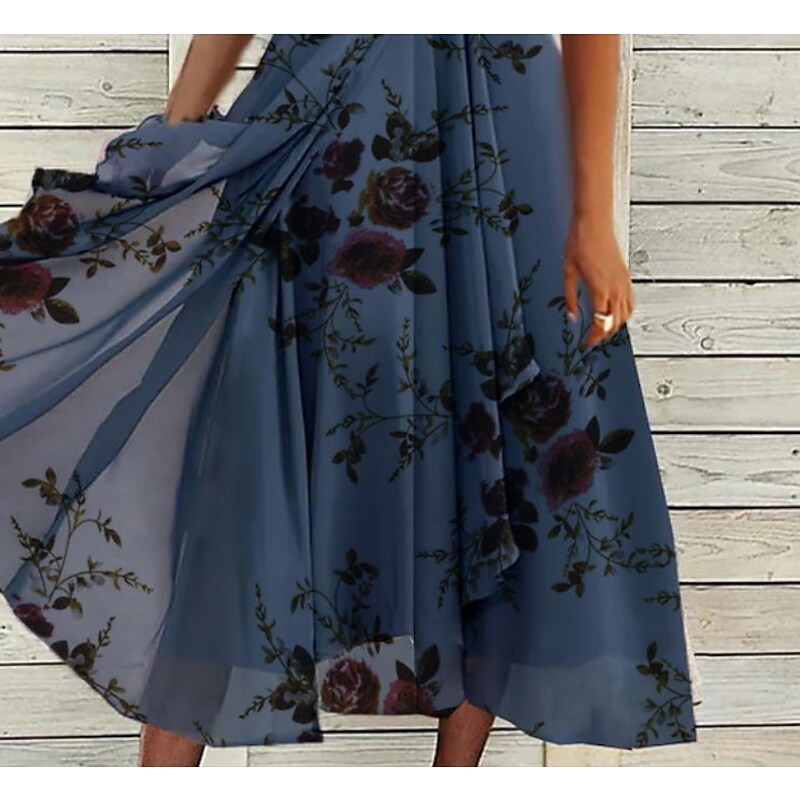 flowersverse Women's Casual Dress Chiffon Dress Midi Dress Navy Blue Purple Short Sleeve Floral Print Spring Summer V Neck Stylish  S M L XL XXL 3XL