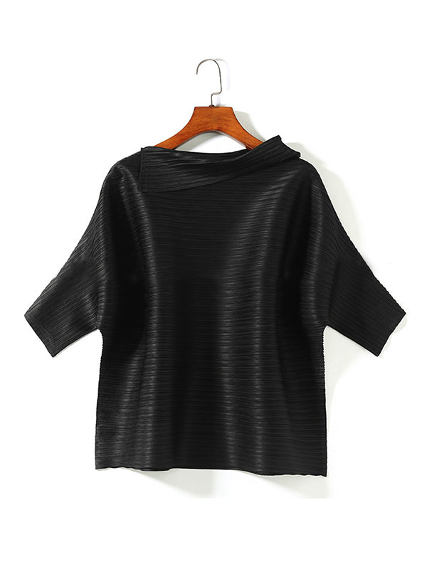 flowersverse Original Pleated Solid Color Lapel Collar T-Shirt Top