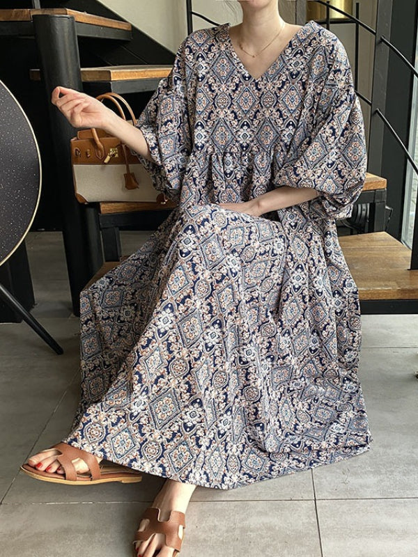 flowersverse Vintage Floral Printed V-Neck Pleated Puff Sleeves Midi Dress