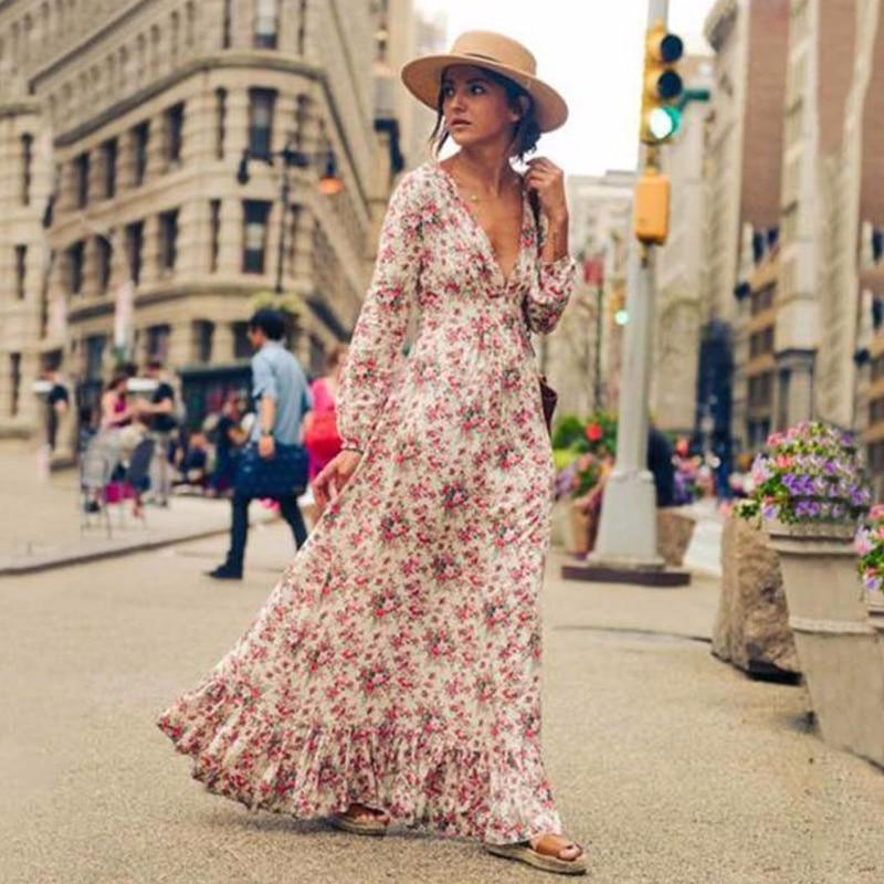 flowersverse Bohemian Printed long Dress Women Floral Printed Maxi Dresses Hippe Deep V-Neck Ruffle Dress Chic Boho Clothing Rome Femme