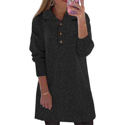 flowersverse New Women's Solid Collar Button Long Sleeve Casual Dress Women