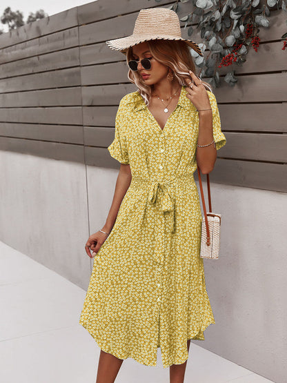 flowersverse Spring Summer Ladies Bandage Dress Women Casual Medium Long Sleeve Button Floral Print Chic Dress