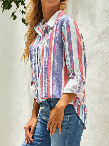 flowersverse Buttoned Pockets Striped High-Low Long Sleeves Lapel Blouses&Shirts Tops